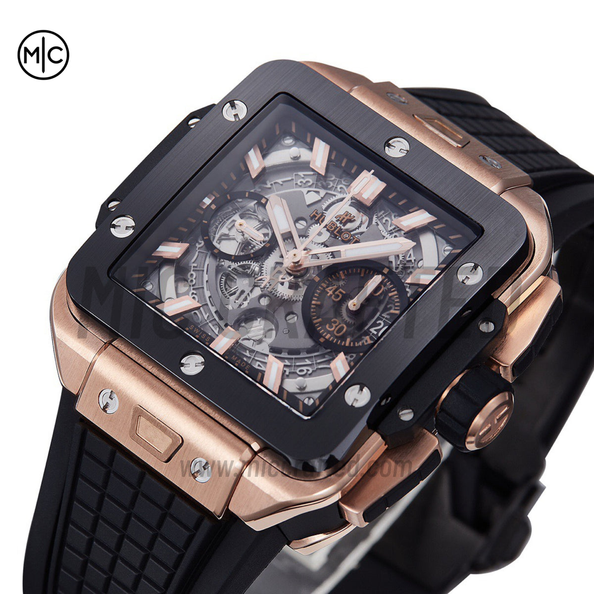 Square Bang Unico 42mm RG Skeleton Dial Ceramic Bezel on Black Rubber Strap – Premium Edition