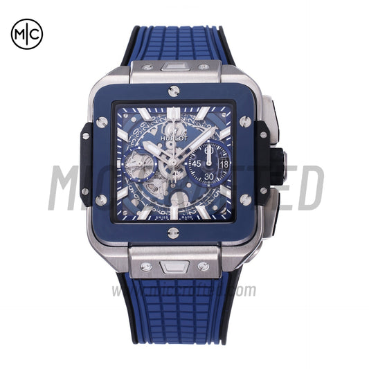 Square Bang Unico 42mm Titanium Blue Ceramic Bezel Skeleton Dial on Blue Rubber Strap – Premium Edition