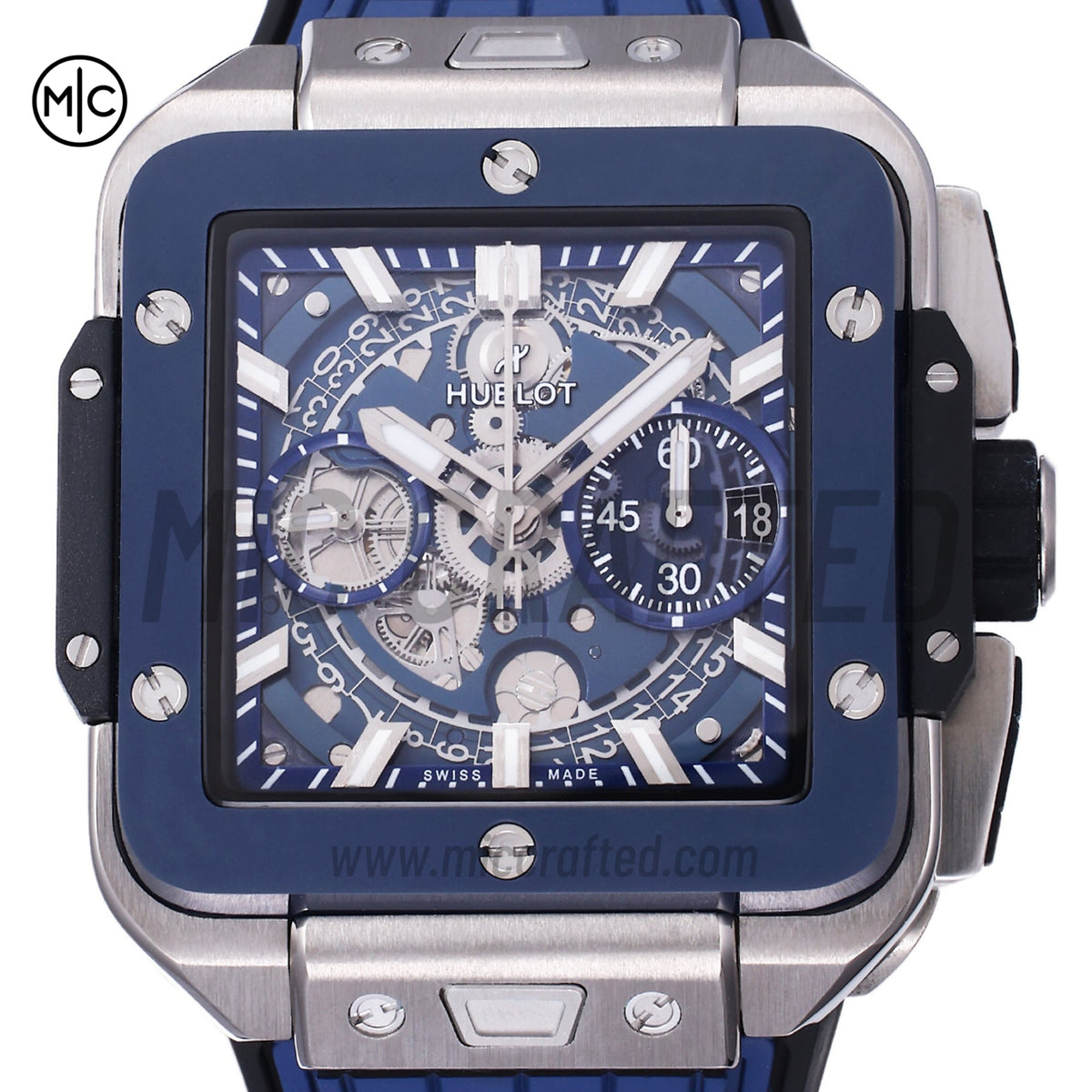 Square Bang Unico 42mm Titanium Blue Ceramic Bezel Skeleton Dial on Blue Rubber Strap – Premium Edition