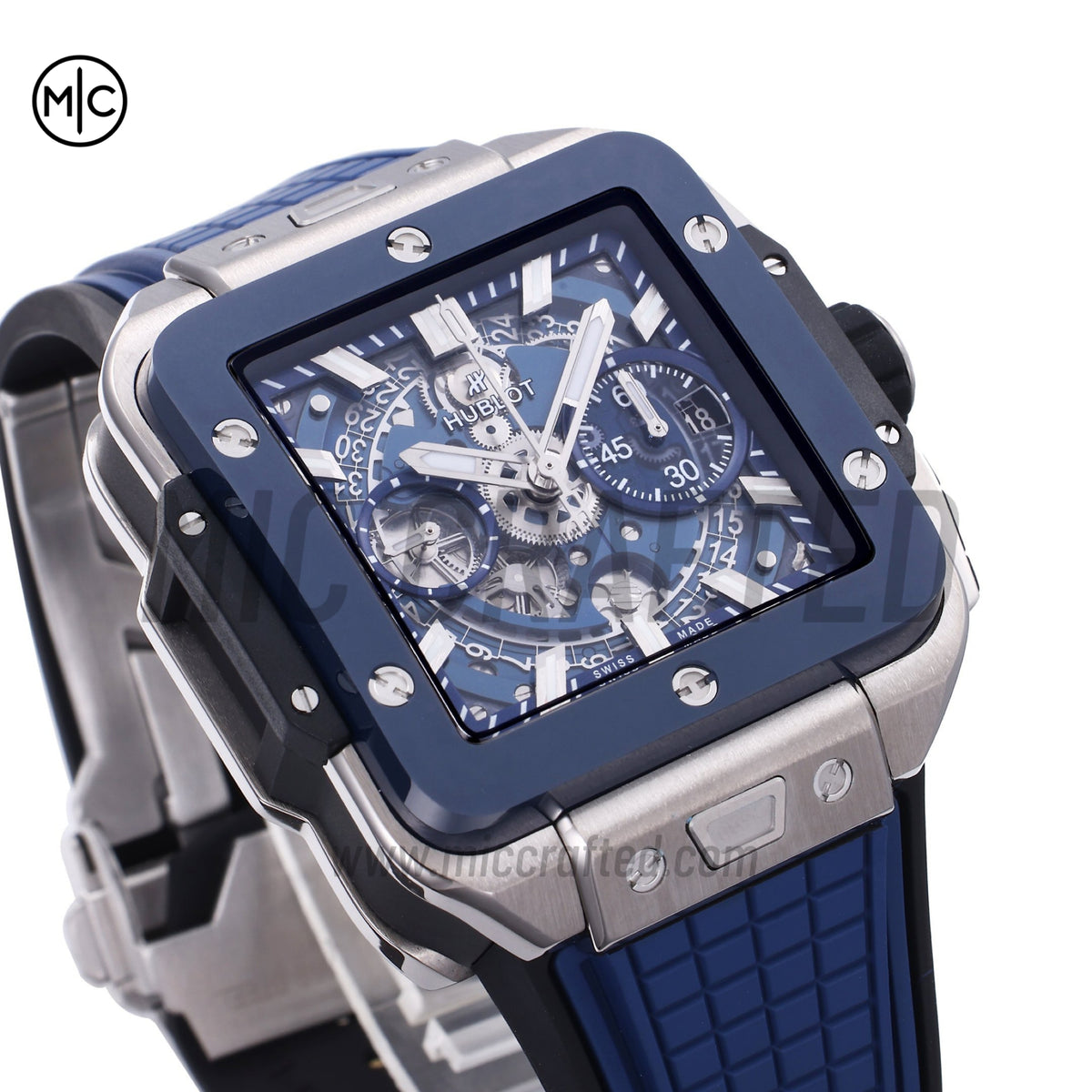 Square Bang Unico 42mm Titanium Blue Ceramic Bezel Skeleton Dial on Blue Rubber Strap – Premium Edition