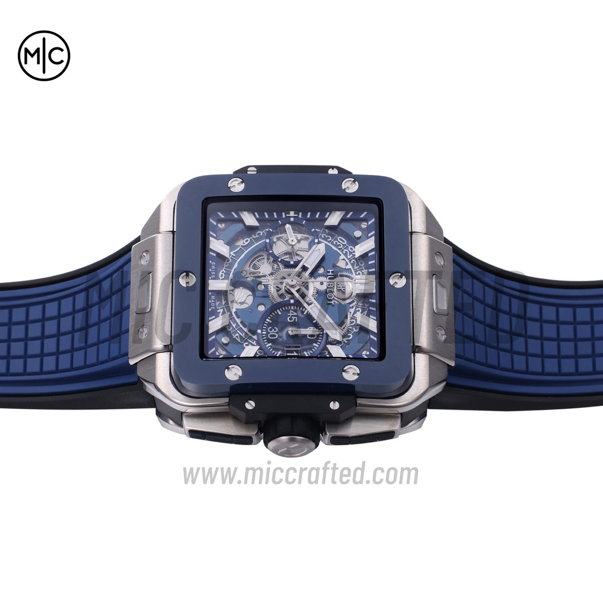 Square Bang Unico 42mm Titanium Blue Ceramic Bezel Skeleton Dial on Blue Rubber Strap – Premium Edition