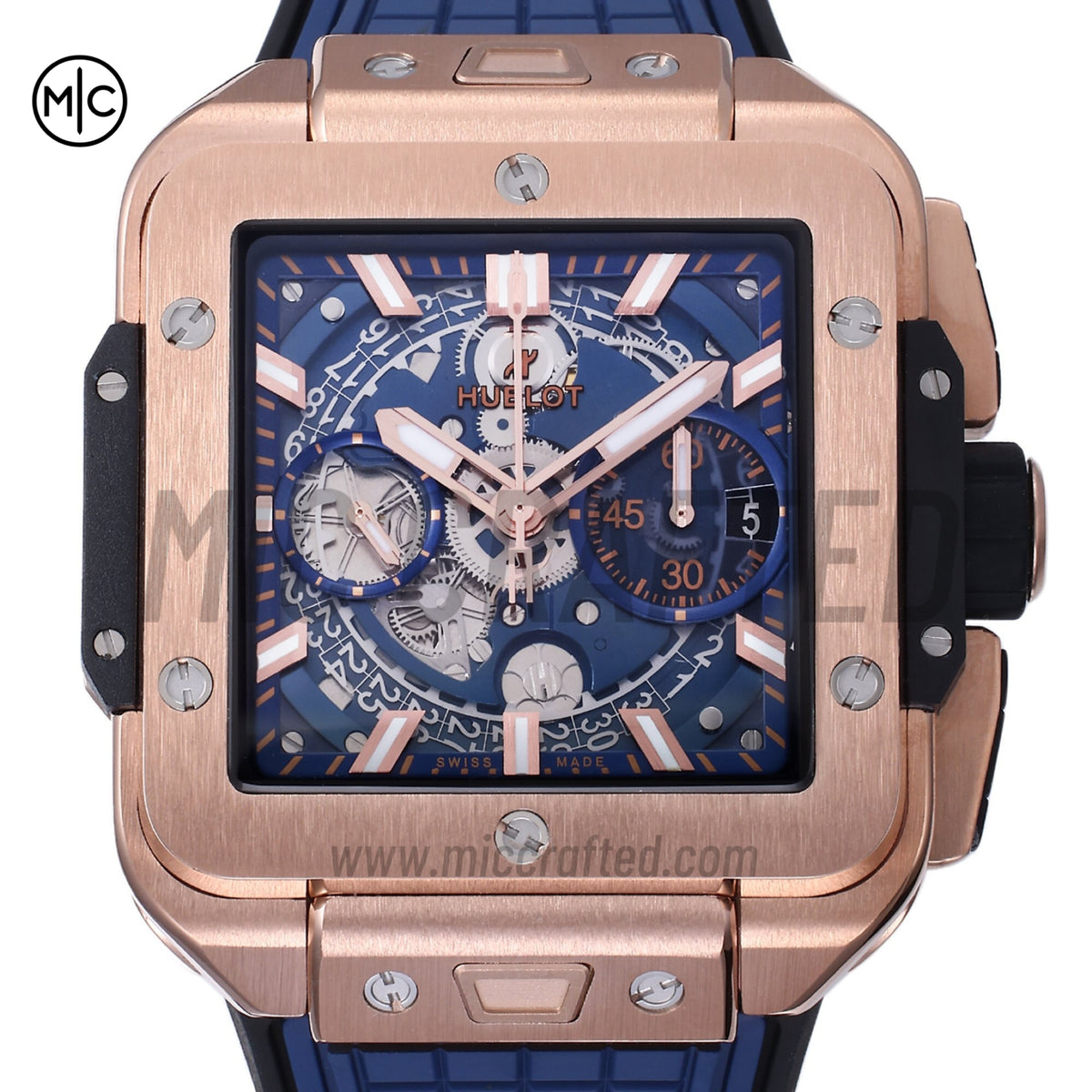 Square Bang Unico 42mm RG Blue Skeleton Dial on Blue Rubber Strap – Premium Edition
