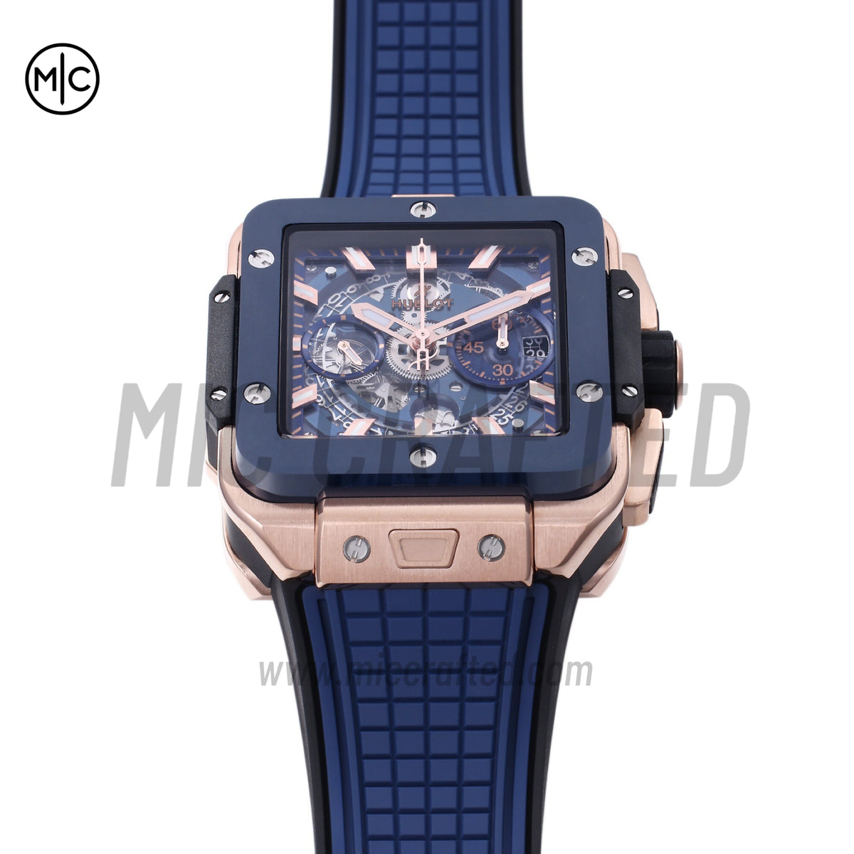 Square Bang Unico 42mm RG Blue Ceramic Bezel Skeleton Dial on Blue Rubber Strap – Premium Edition