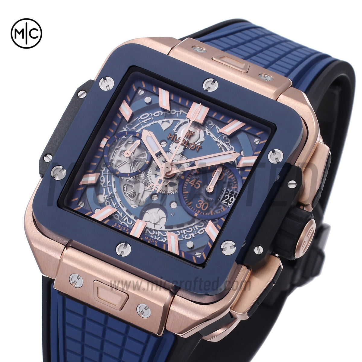 Square Bang Unico 42mm RG Blue Ceramic Bezel Skeleton Dial on Blue Rubber Strap – Premium Edition