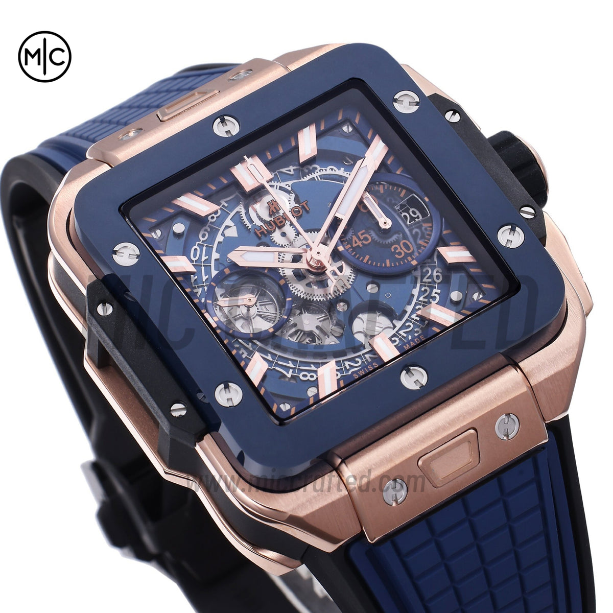 Square Bang Unico 42mm RG Blue Ceramic Bezel Skeleton Dial on Blue Rubber Strap – Premium Edition