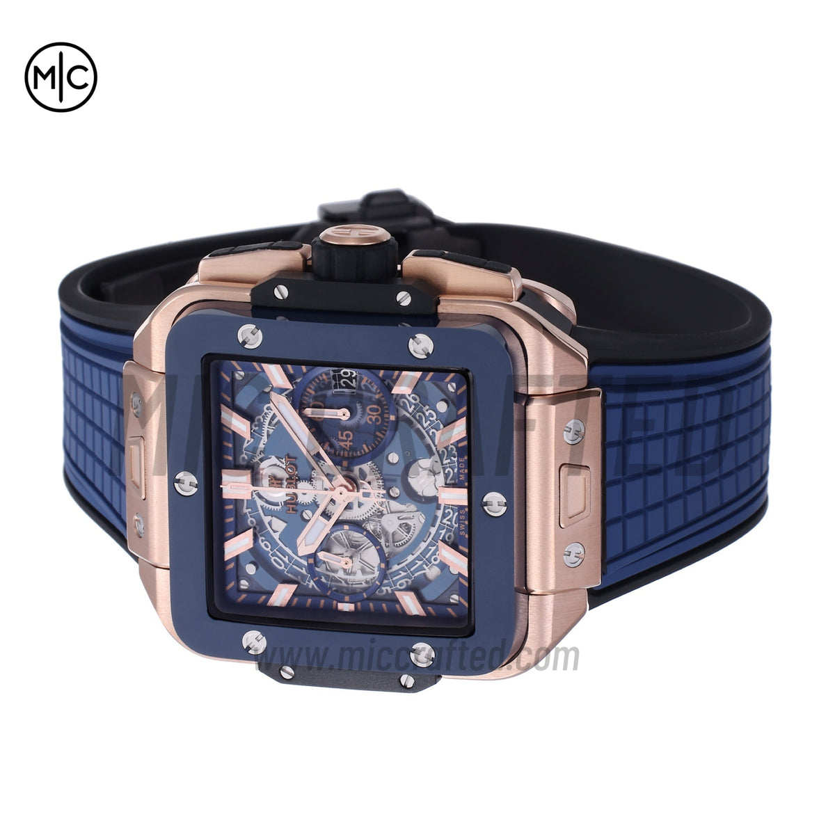 Square Bang Unico 42mm RG Blue Ceramic Bezel Skeleton Dial on Blue Rubber Strap – Premium Edition