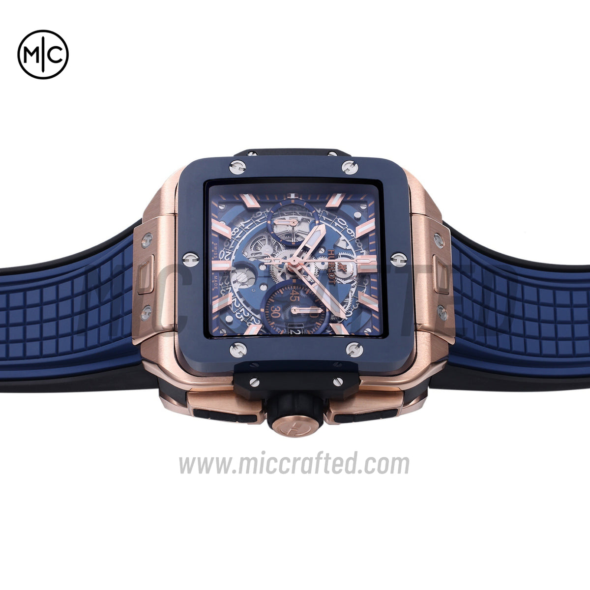 Square Bang Unico 42mm RG Blue Ceramic Bezel Skeleton Dial on Blue Rubber Strap – Premium Edition