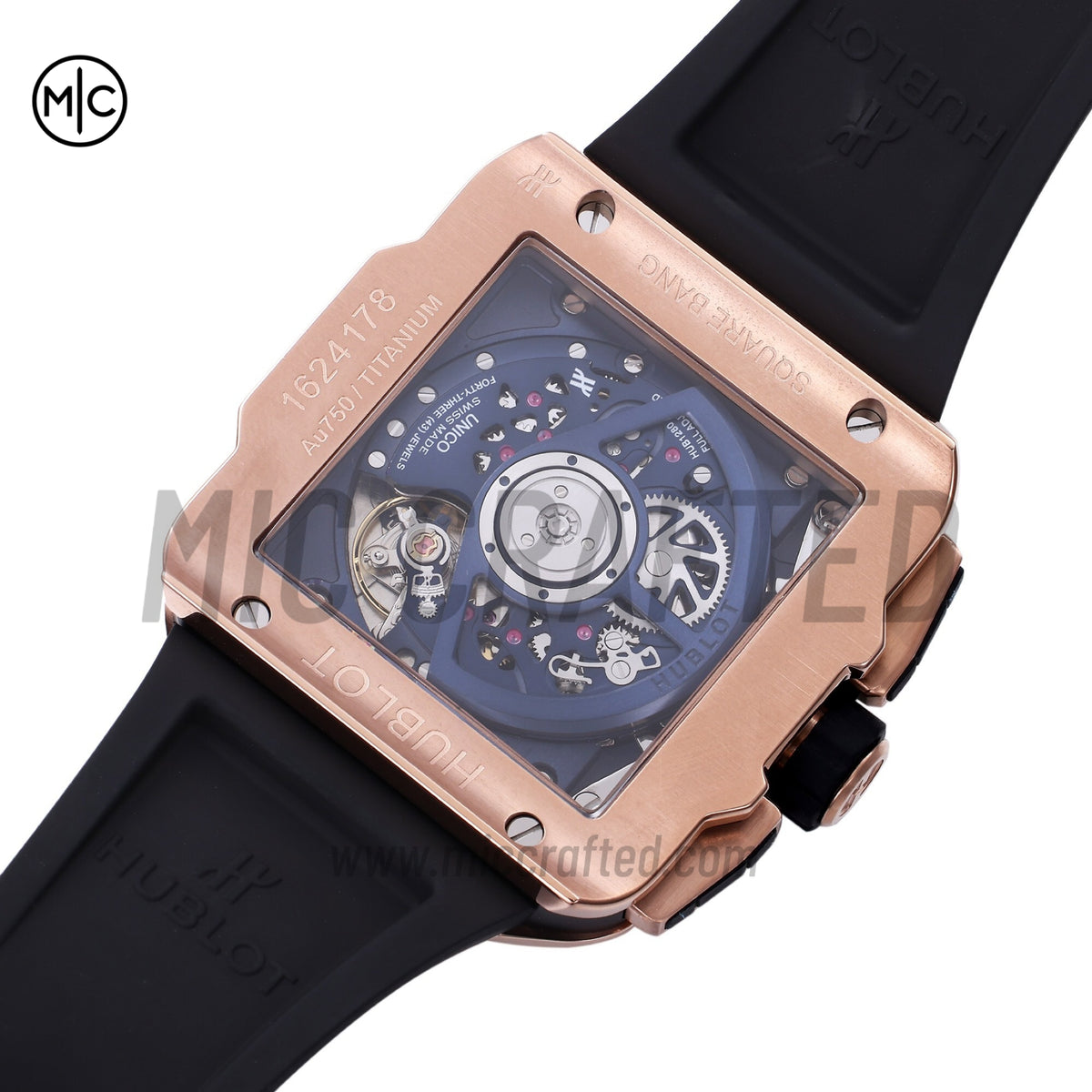 Square Bang Unico 42mm RG Blue Ceramic Bezel Skeleton Dial on Blue Rubber Strap – Premium Edition