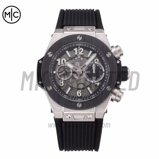 Big Bang Unico 42mm SS Skeleton Dial Black Ceramic Bezel on Black Rubber Strap – Premium Edition