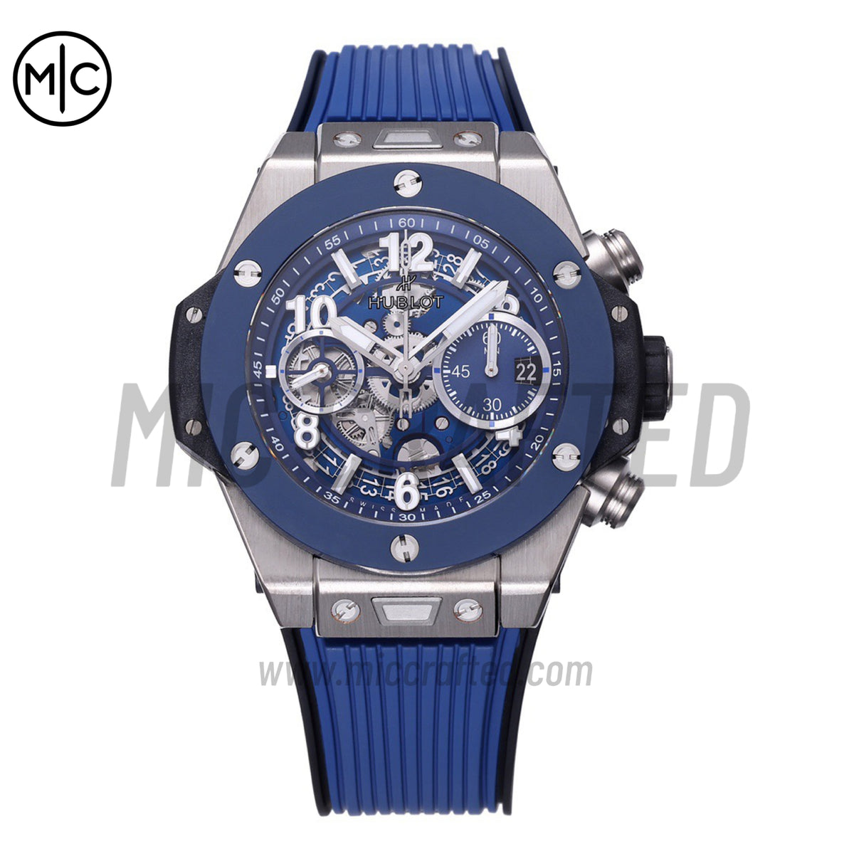 Big Bang Unico 42mm SS Skeleton Dial Blue Ceramic Bezel on Blue Rubber Strap – Premium Edition