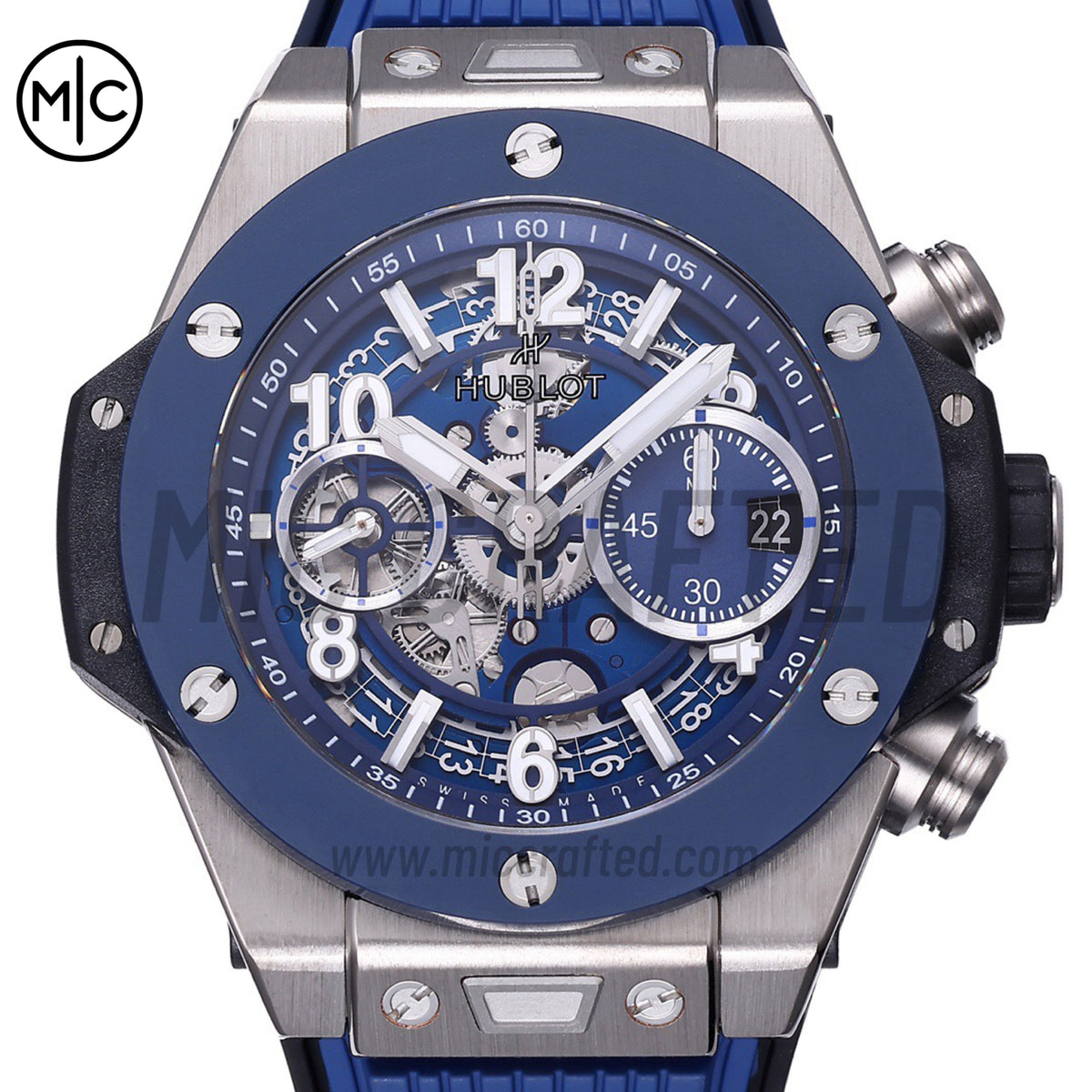 Big Bang Unico 42mm SS Skeleton Dial Blue Ceramic Bezel on Blue Rubber Strap – Premium Edition
