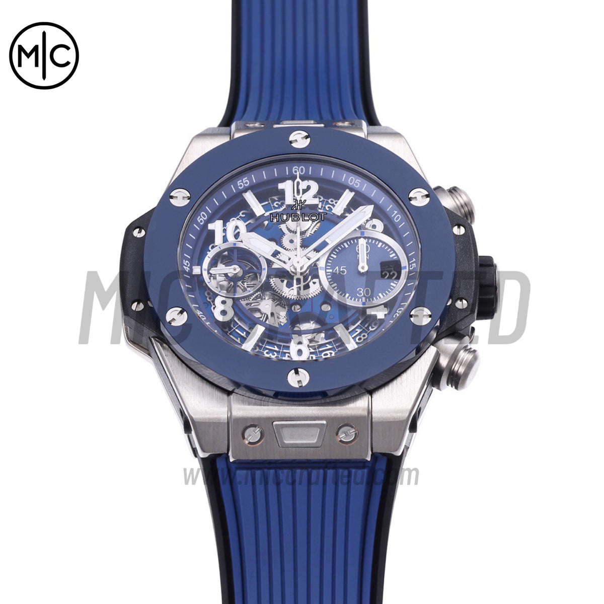 Big Bang Unico 42mm SS Skeleton Dial Blue Ceramic Bezel on Blue Rubber Strap – Premium Edition