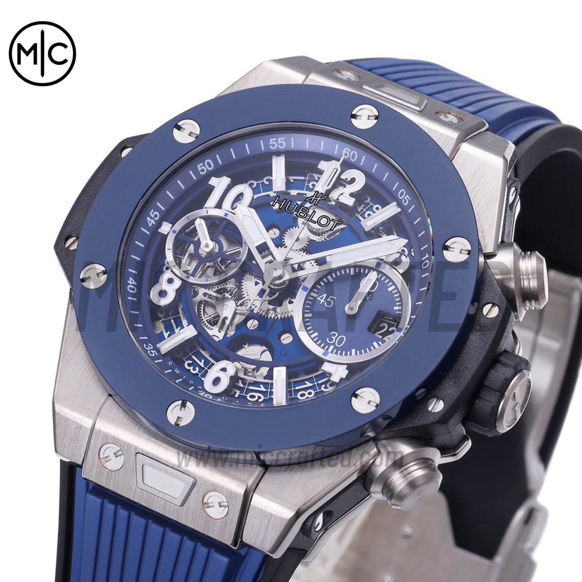 Big Bang Unico 42mm SS Skeleton Dial Blue Ceramic Bezel on Blue Rubber Strap – Premium Edition