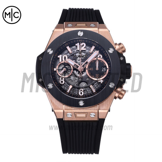Big Bang Unico 42mm RG Skeleton Dial Black Ceramic Bezel on Black Rubber Strap – Premium Edition