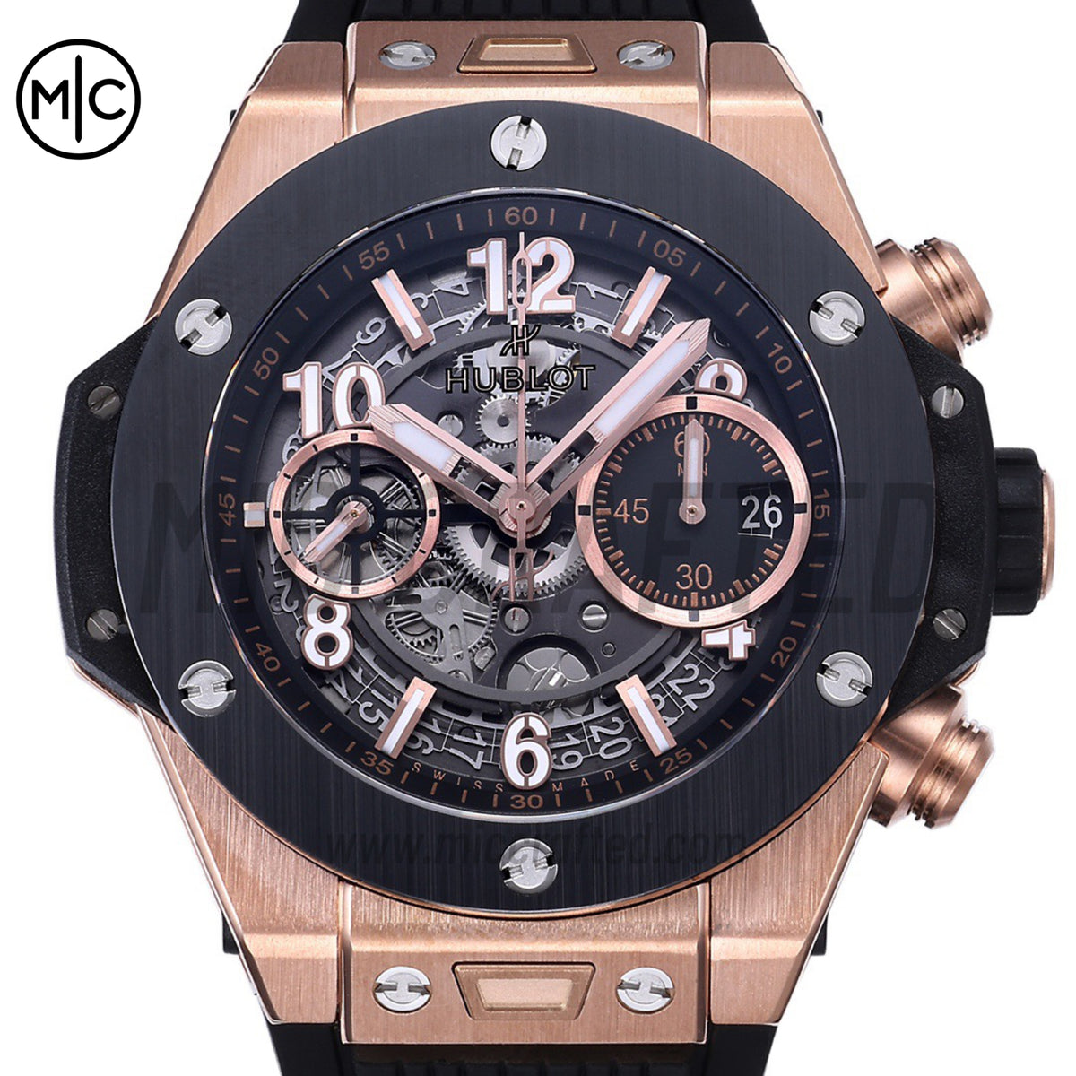 Big Bang Unico 42mm RG Skeleton Dial Black Ceramic Bezel on Black Rubber Strap – Premium Edition