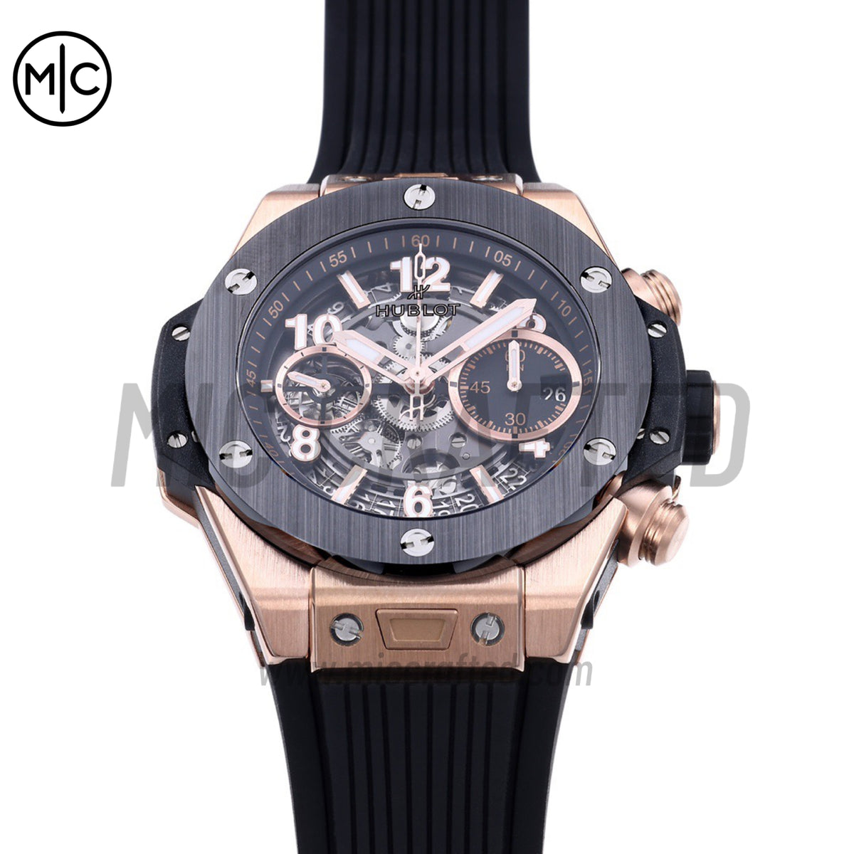Big Bang Unico 42mm RG Skeleton Dial Black Ceramic Bezel on Black Rubber Strap – Premium Edition