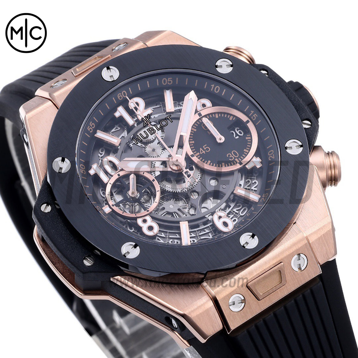 Big Bang Unico 42mm RG Skeleton Dial Black Ceramic Bezel on Black Rubber Strap – Premium Edition