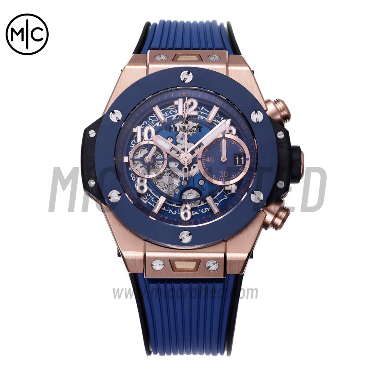 Big Bang Unico 42mm RG Skeleton Dial Blue Ceramic Bezel on Blue Rubber Strap – Premium Edition