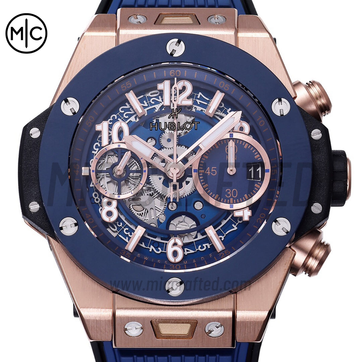 Big Bang Unico 42mm RG Skeleton Dial Blue Ceramic Bezel on Blue Rubber Strap – Premium Edition