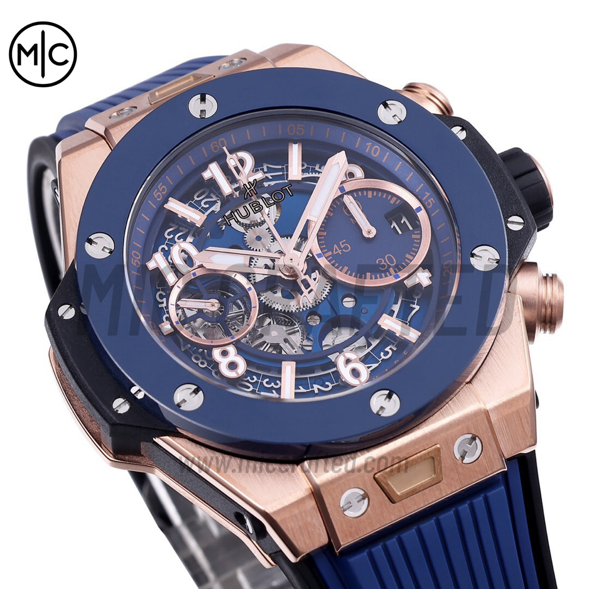 Big Bang Unico 42mm RG Skeleton Dial Blue Ceramic Bezel on Blue Rubber Strap – Premium Edition