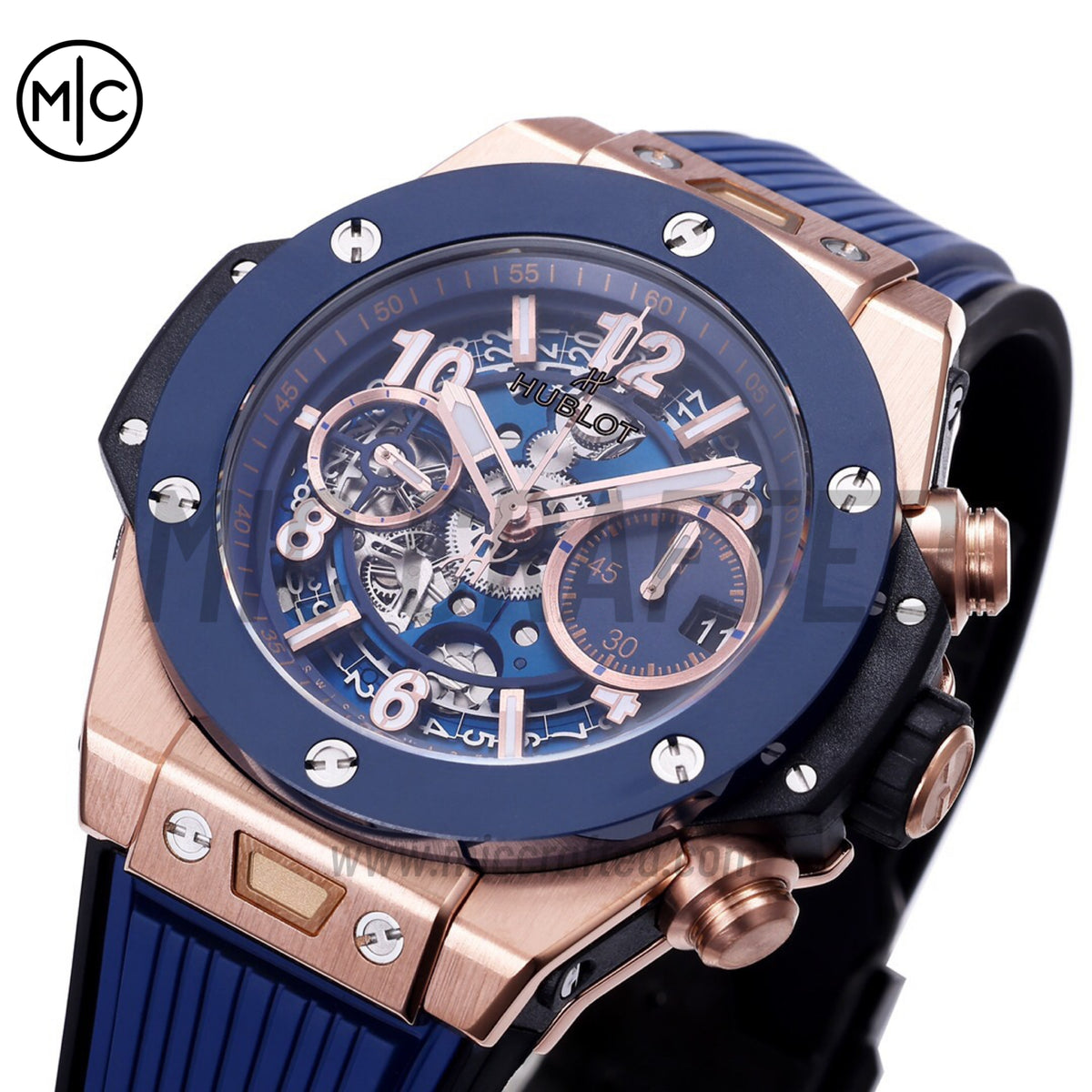 Big Bang Unico 42mm RG Skeleton Dial Blue Ceramic Bezel on Blue Rubber Strap – Premium Edition