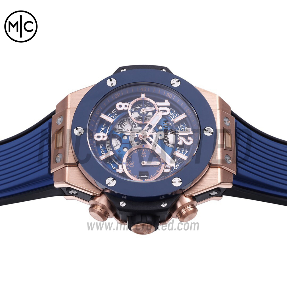 Big Bang Unico 42mm RG Skeleton Dial Blue Ceramic Bezel on Blue Rubber Strap – Premium Edition