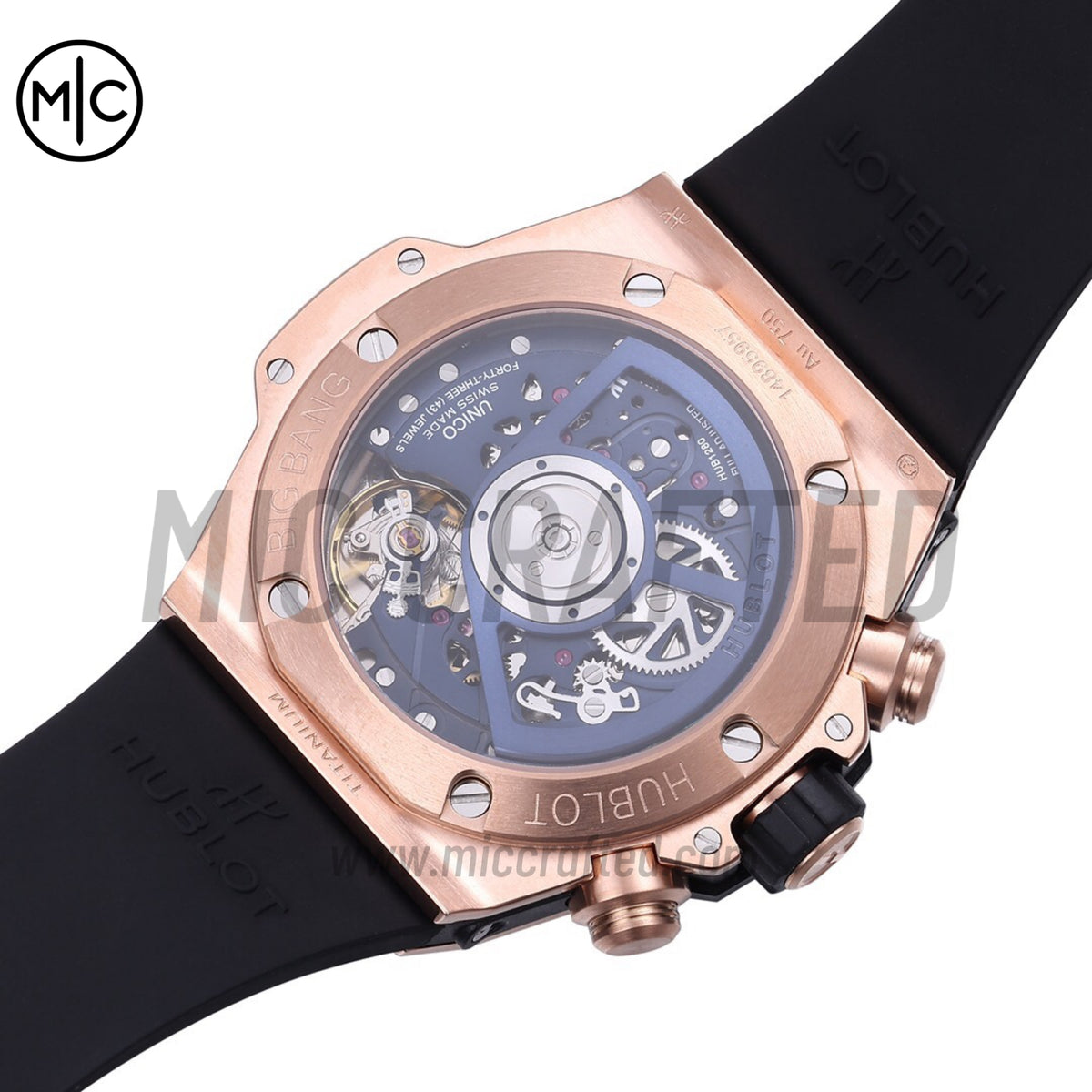 Big Bang Unico 42mm RG Skeleton Dial Blue Ceramic Bezel on Blue Rubber Strap – Premium Edition