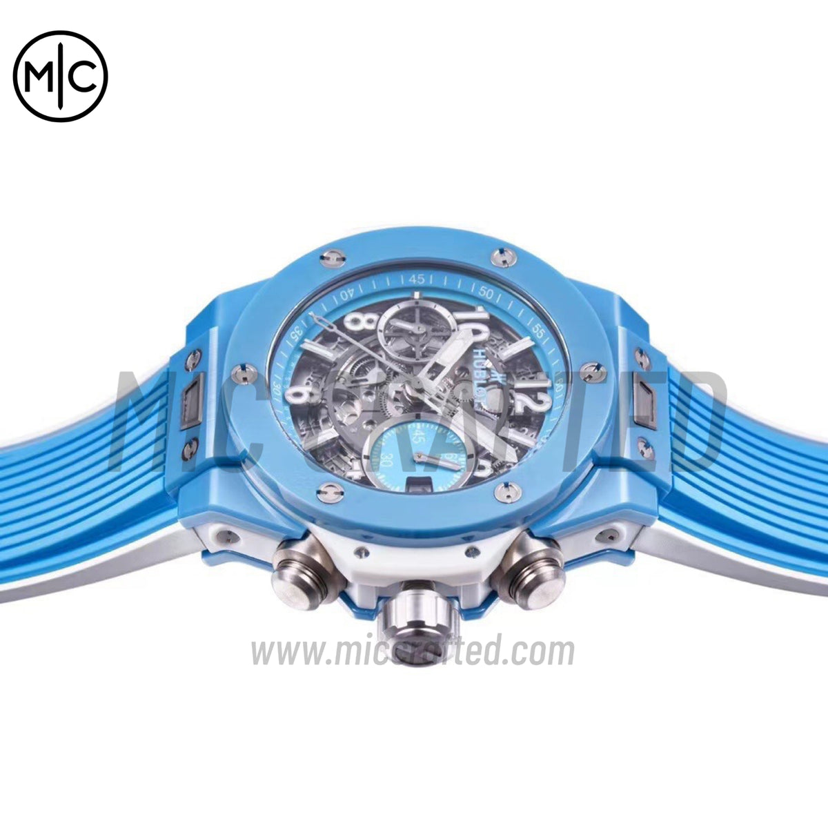 Big Bang Unico 天藍色陶瓷 BBF 鏤空錶盤搭配藍白色橡膠錶帶 - 尊貴版
