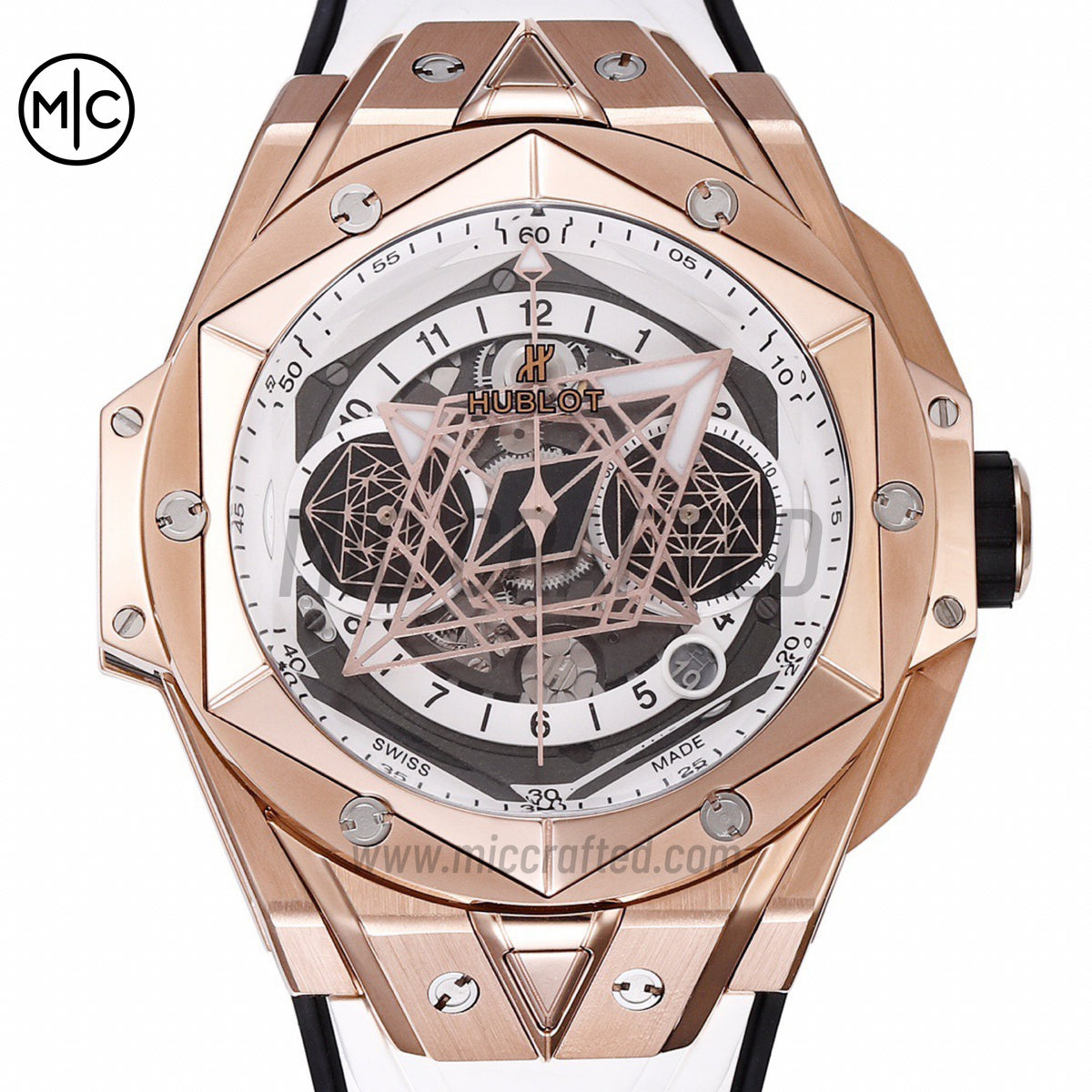 Big Bang Sang Bleu II Chrono RG White Dial on White Rubber Strap – Premium Edition