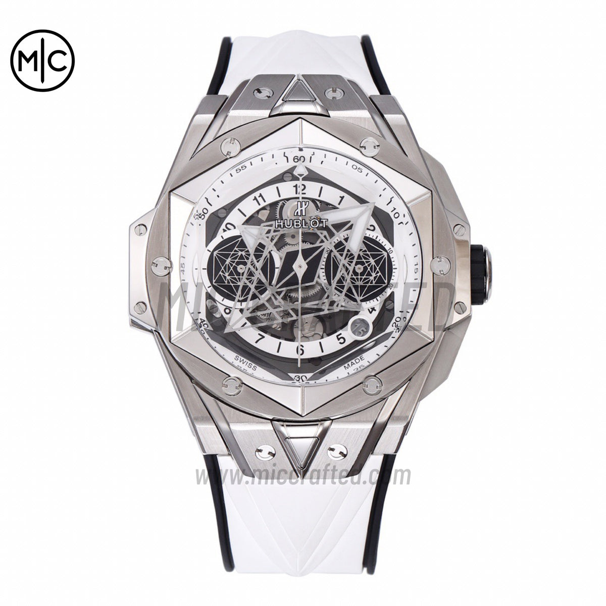 Big Bang Sang Bleu II Chrono SS White Dial on White Rubber Strap – Premium Edition