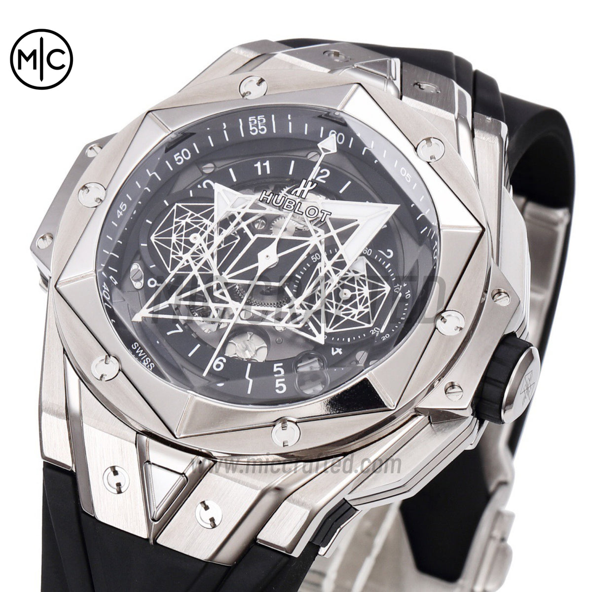Big Bang Sang Bleu II Chrono SS Black Dial on Black Rubber Strap – Premium Edition