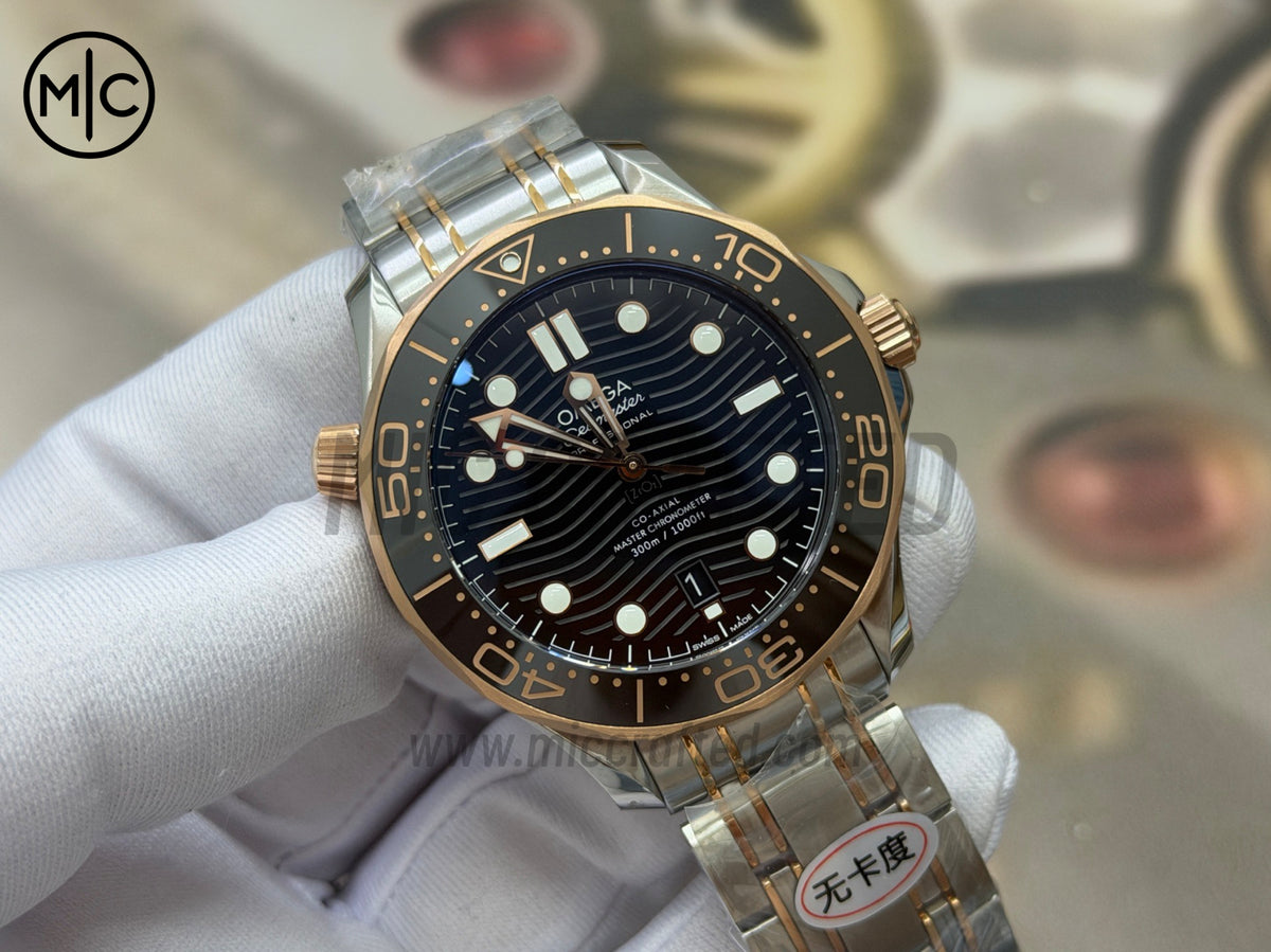 Seamaster Diver 300M SS/RG Black Ceramic Black Dial on SS/RG Bracelet – Premium Edition