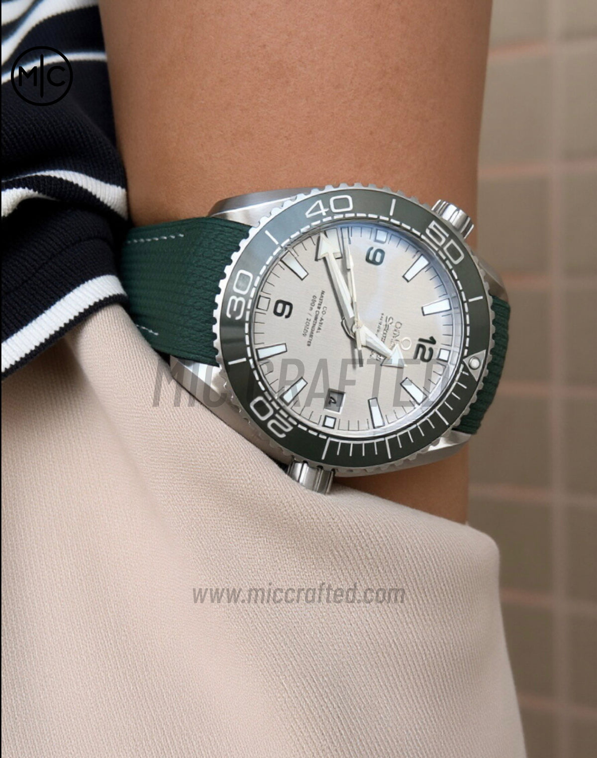 Planet Ocean 43.5mm SS Green Bezel White Dial on Green Rubber Strap – Premium Edition
