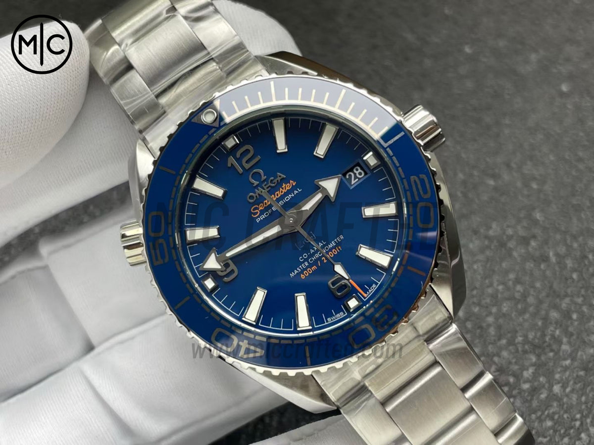 Planet Ocean 600M 39.5mm SS Blue Dial Blue Bezel on SS Bracelet – Premium Edition