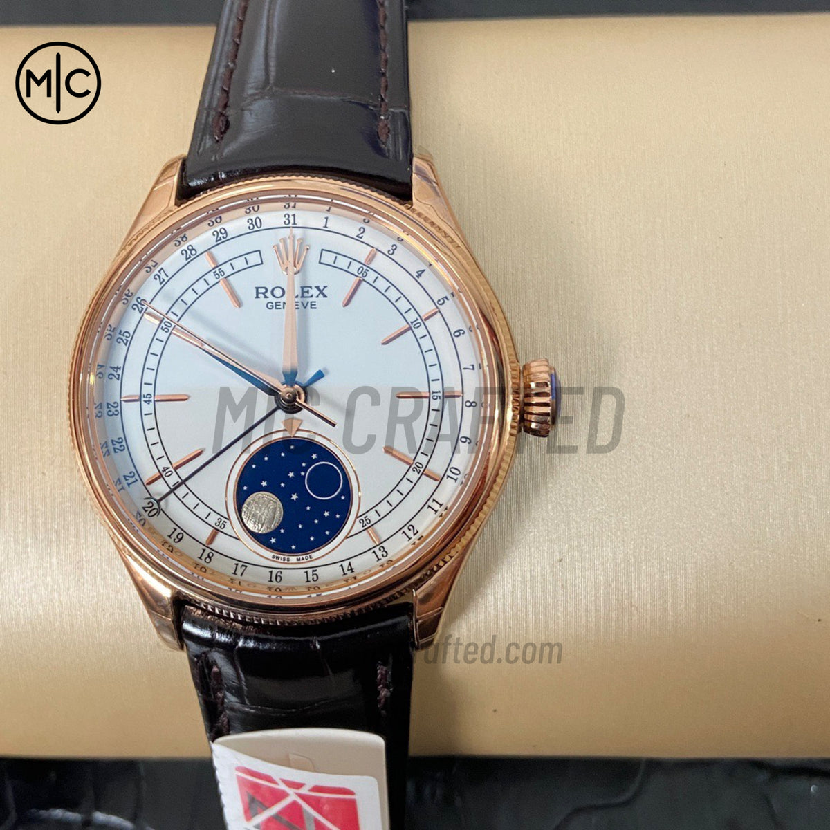 Cellini 50535 39mm Moonphase RG White Dial on Brown Leather Strap – Premium Edition