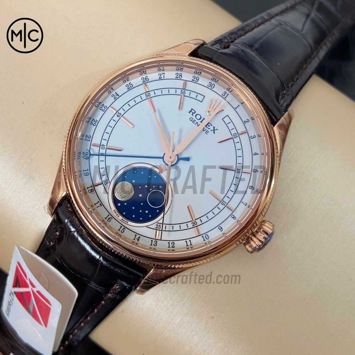 Cellini 50535 39mm Moonphase RG White Dial on Brown Leather Strap – Premium Edition
