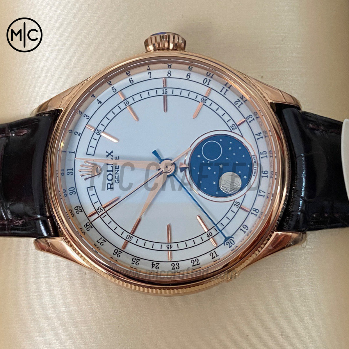 Cellini 50535 39mm Moonphase RG White Dial on Brown Leather Strap – Premium Edition
