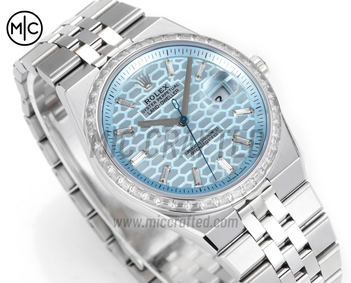 Land Dweller 40mm 127386 Ice Blue Dial Diamonds Bezel on SS Bracelet – Premium Edition