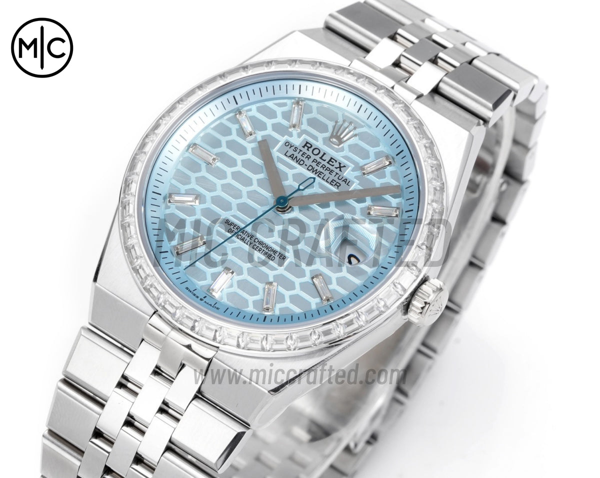 Land Dweller 40mm 127386 Ice Blue Dial Diamonds Bezel on SS Bracelet – Premium Edition