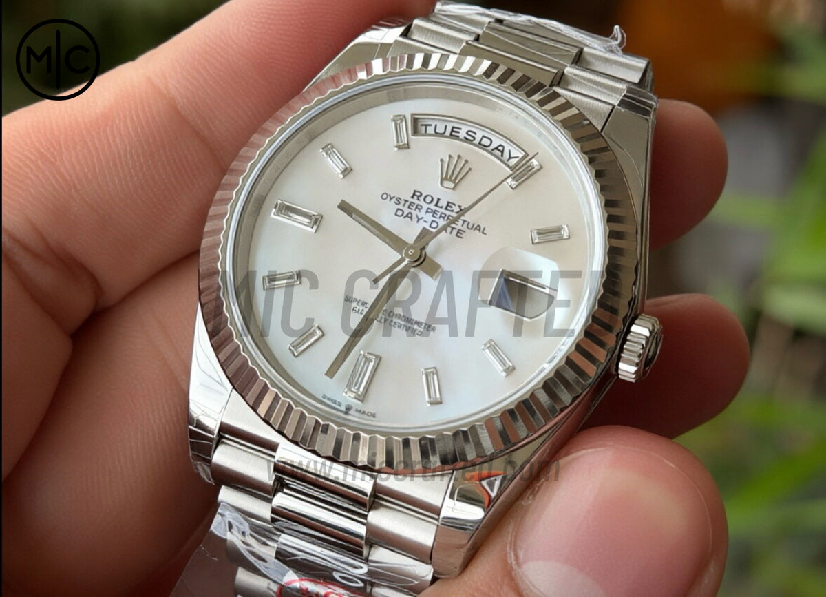 DayDate 40mm 228236 White MOP Crystal Dial on President Bracelet – Premium Edition