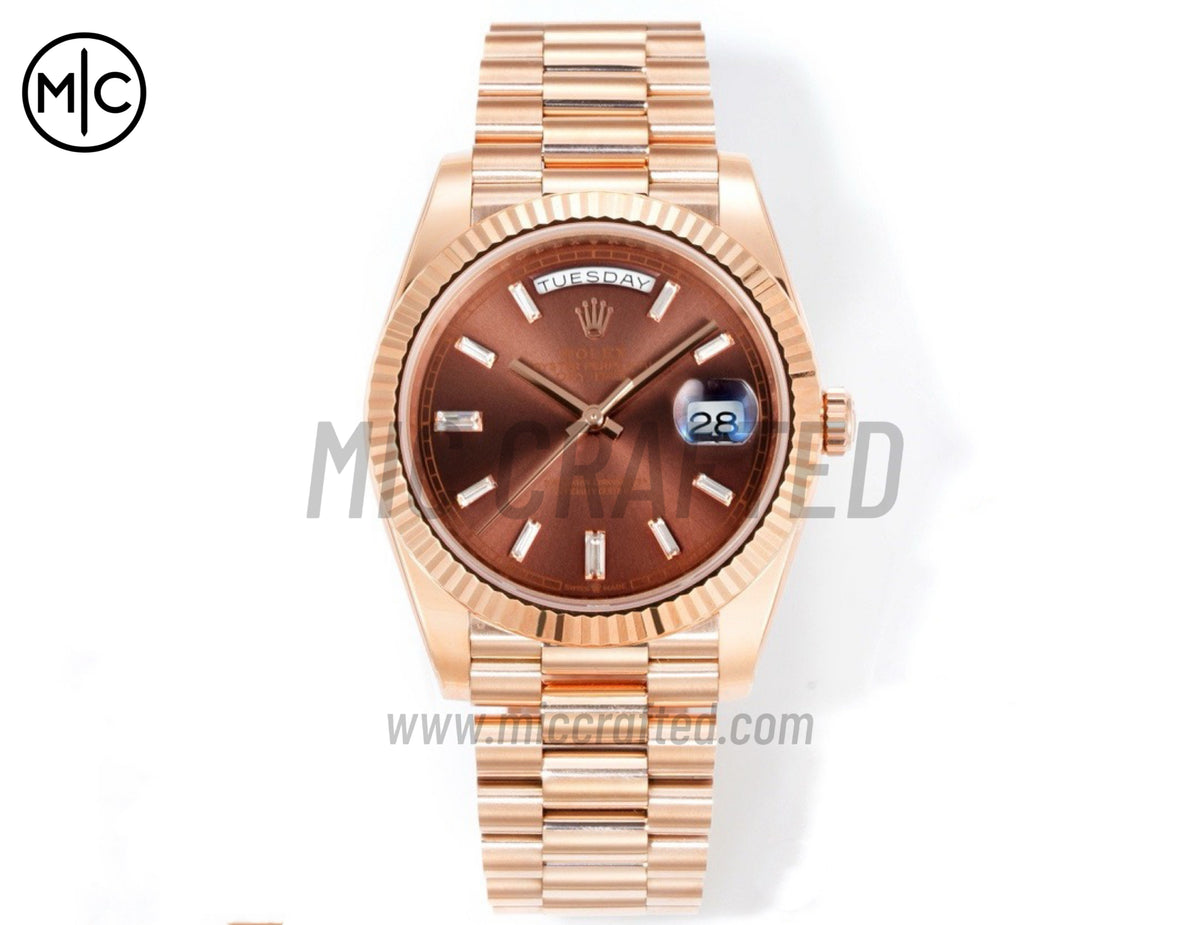 Day Date 40mm RG 228235 Brown Crystal Dial on President Bracelet – Premium Edition