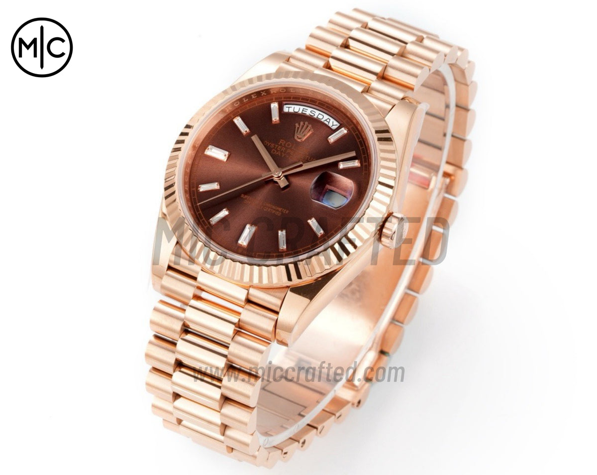 Day Date 40mm RG 228235 Brown Crystal Dial on President Bracelet – Premium Edition