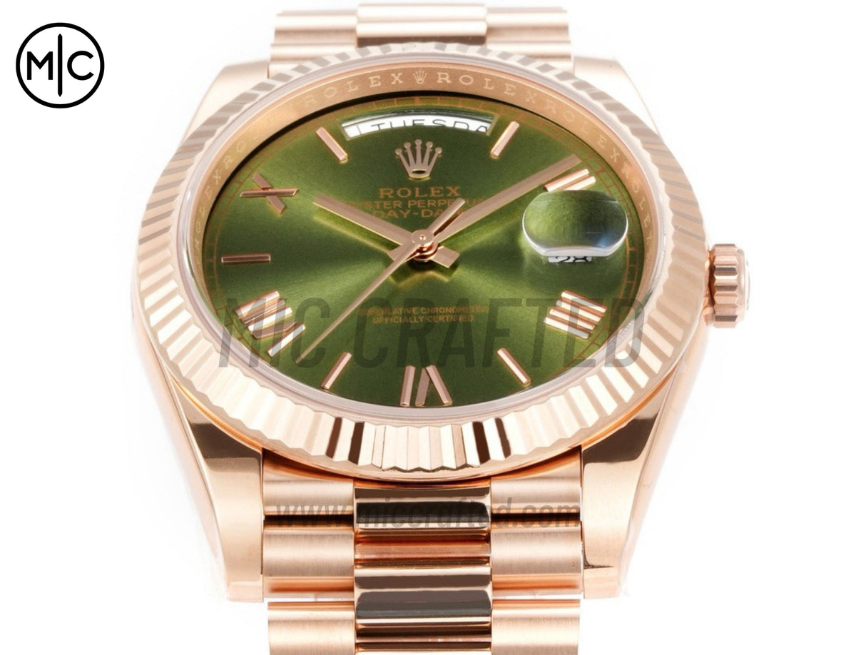 Day Date 40mm RG 228235 Green Roman Dial on President Bracelet – Premium Edition