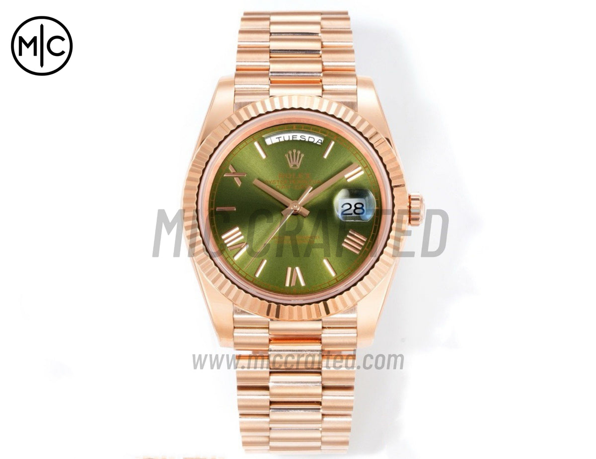 Day Date 40mm RG 228235 Green Roman Dial on President Bracelet – Premium Edition