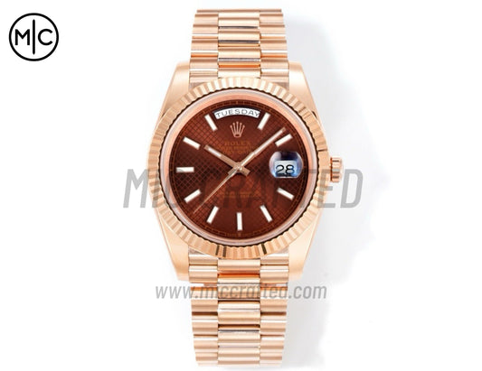 Day Date 40mm RG 228235 Brown Textured Dial on President Bracelet – Premium Edition