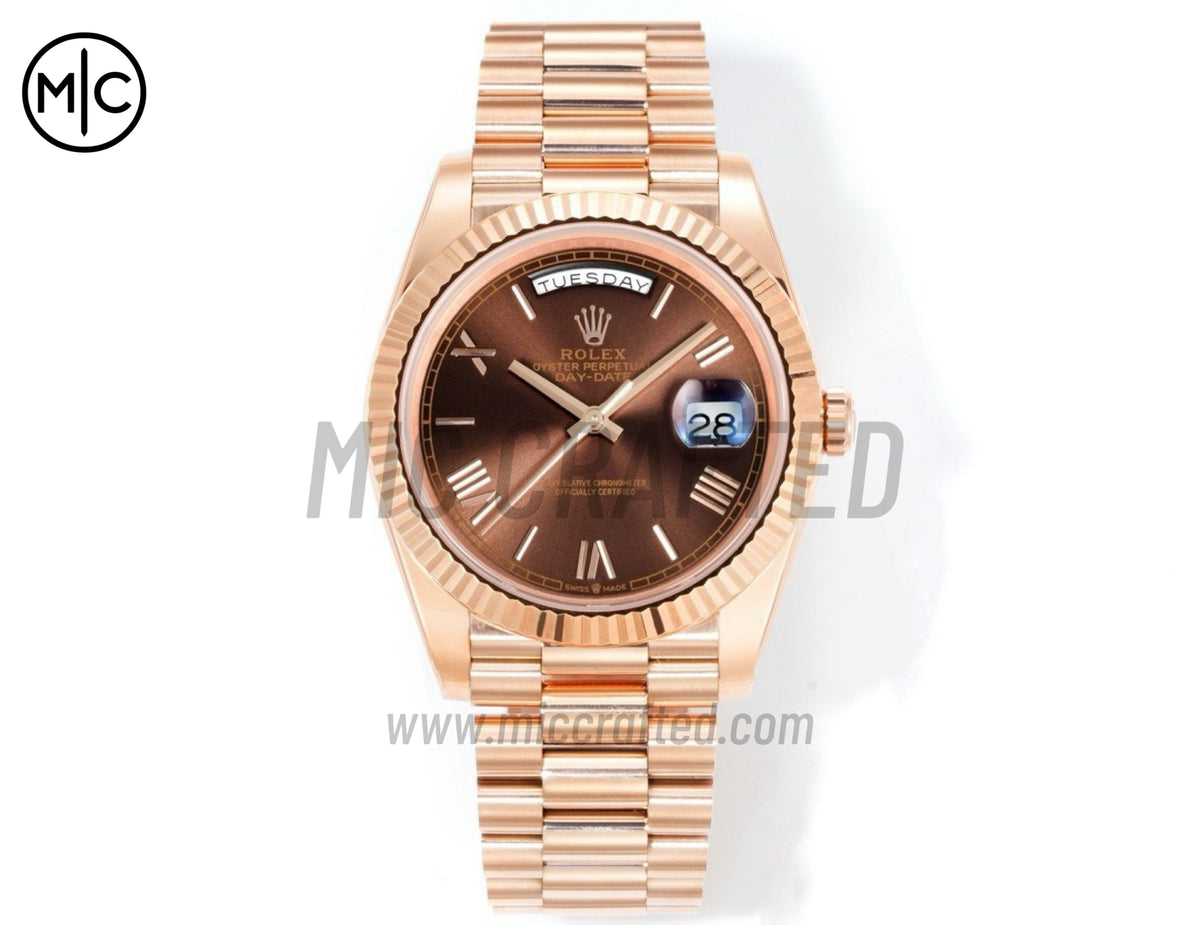 Day Date 40mm RG 228235 Brown Roman Dial on President Bracelet – Premium Edition