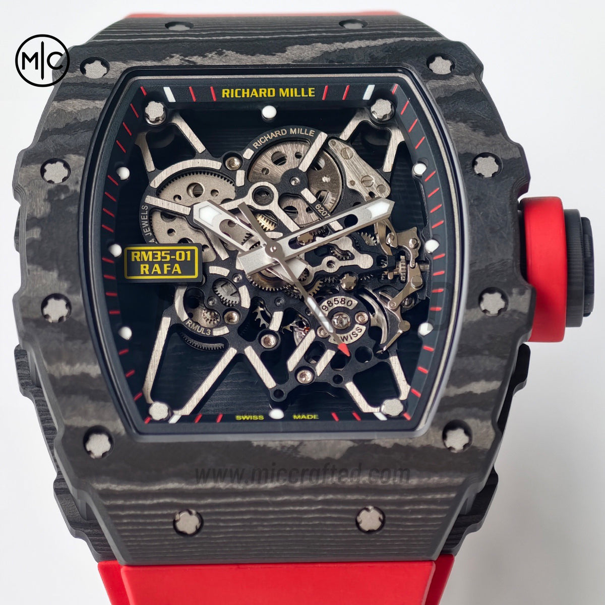 RM035-01 Black NTPT Skeleton Dial on Red Rubber Strap – Handcrafted Version
