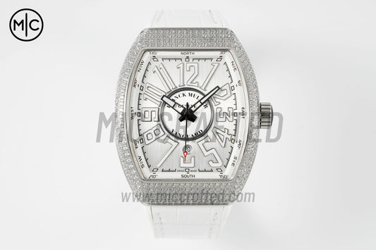 Vanguard V45 SS Full Diamonds Case Silver Dial on White Leather Strap – Premium Edition