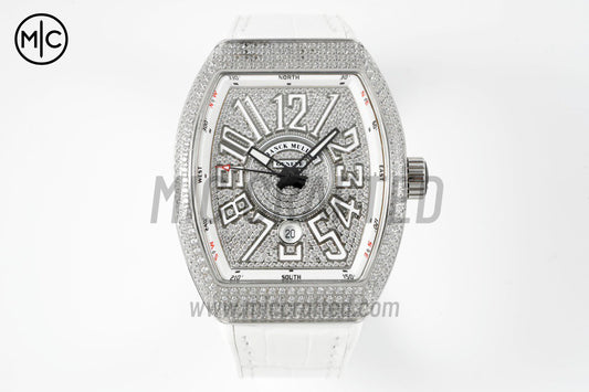 Vanguard V45 SS Full Diamonds Dial on White Leather Strap – Premium Edition