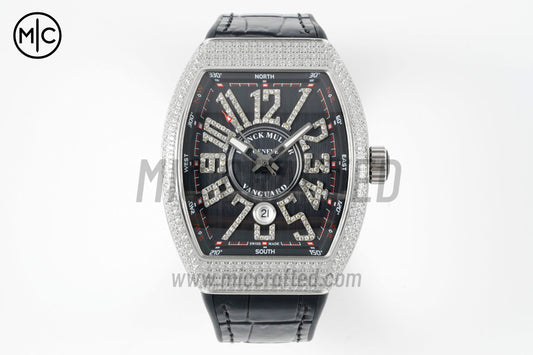 Vanguard V45 SS Full Diamonds Case Black Dial on Black Leather Strap – Premium Edition